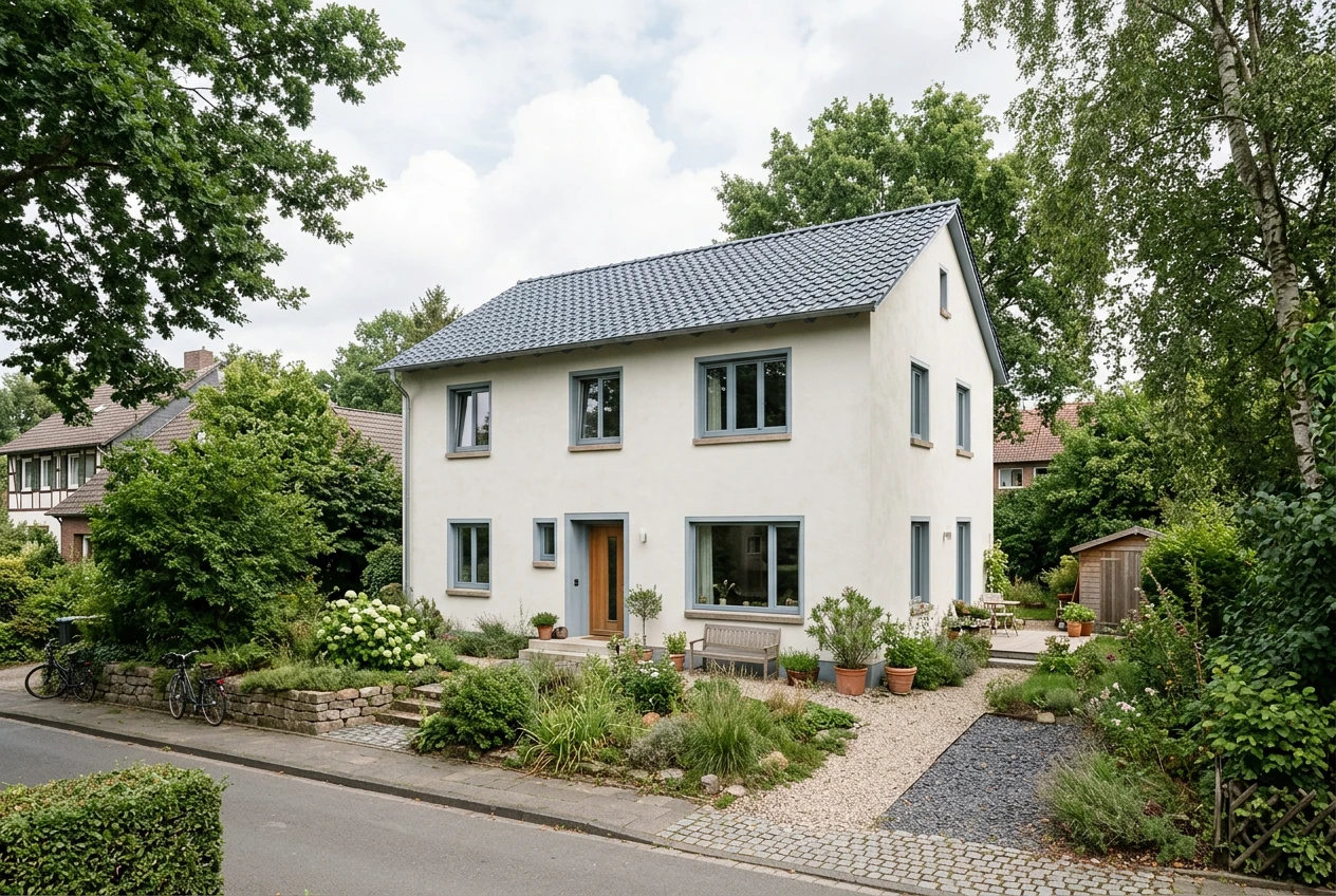 Umfassend saniertes zweigeschossiges Wohnhaus mit gedämmter Fassade und neuen Fenstern