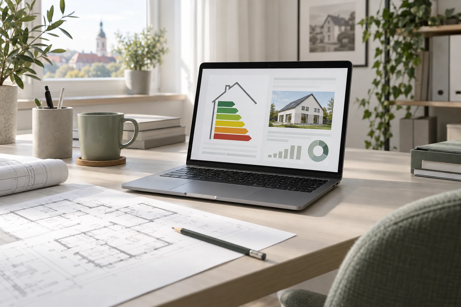 Laptop und Planungsunterlagen für einen digitalen Energieausweis