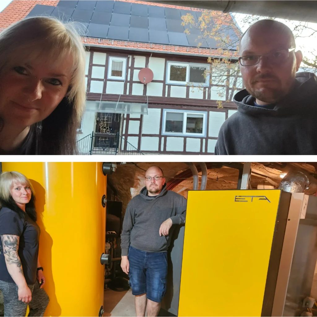 Maria und Jörg vor ihrem Haus und bei der Heizungsmodernisierung